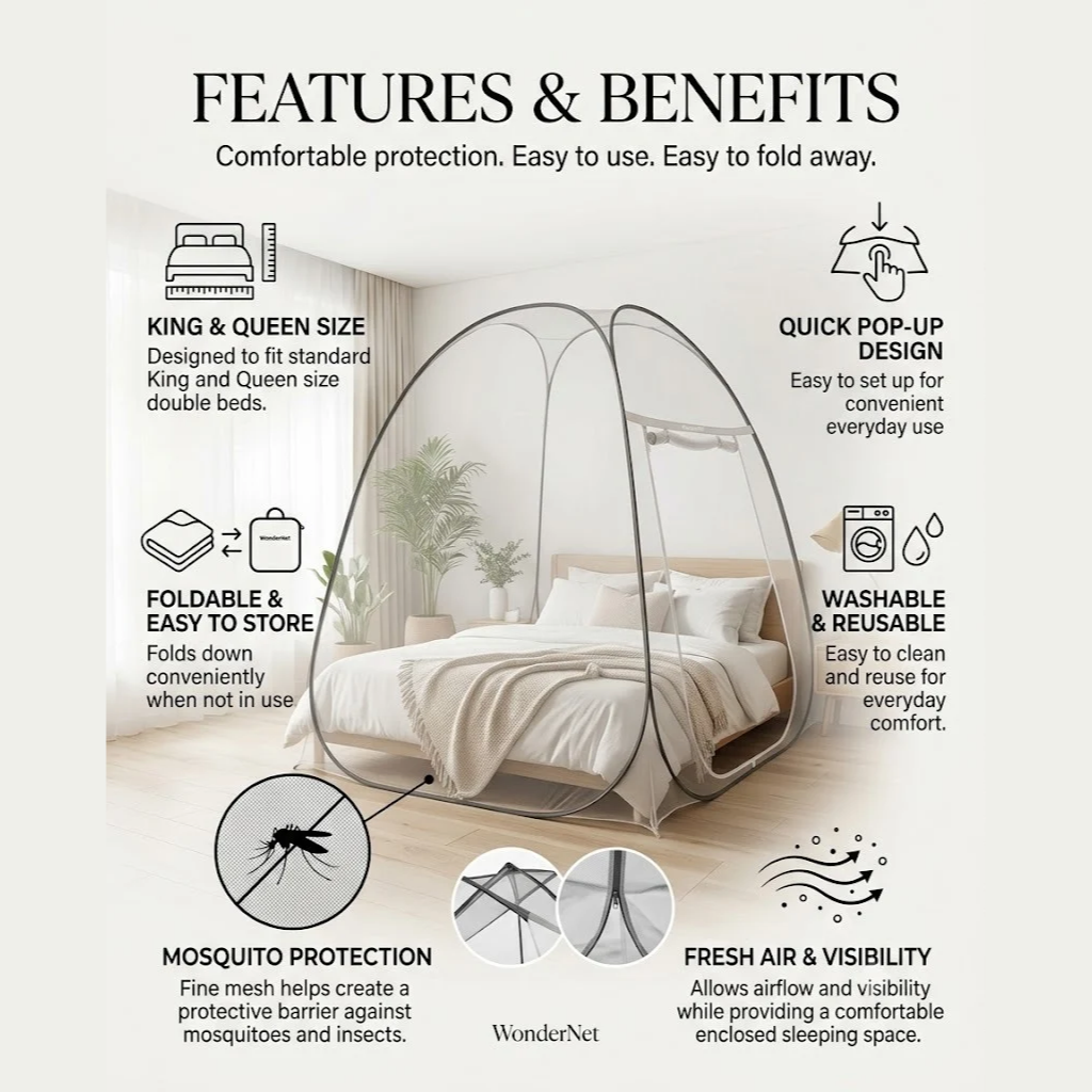 Pop-Up Mosquito Net for Double Bed | Foldable King/Queen Size Tent (Washable)