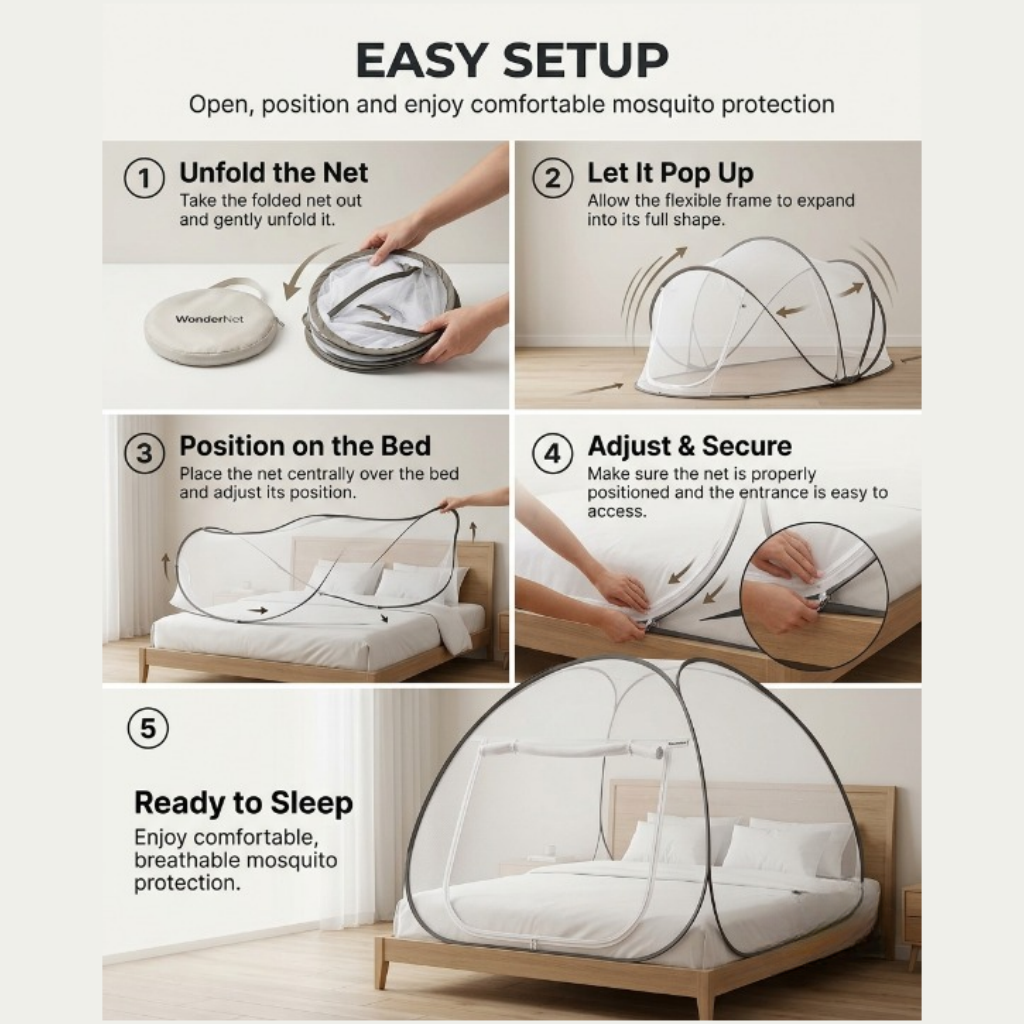 Pop-Up Mosquito Net for Double Bed | Foldable King/Queen Size Tent (Washable)