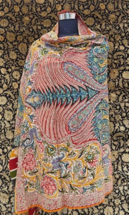 Ivory Kalamkari Pashmina Shawl — Grand Multi-Colour Paisley & Floral Embroidery