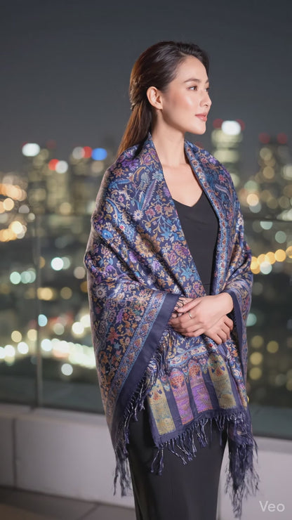 Pashmina Kani Jamawar Blue Base — GI Certified